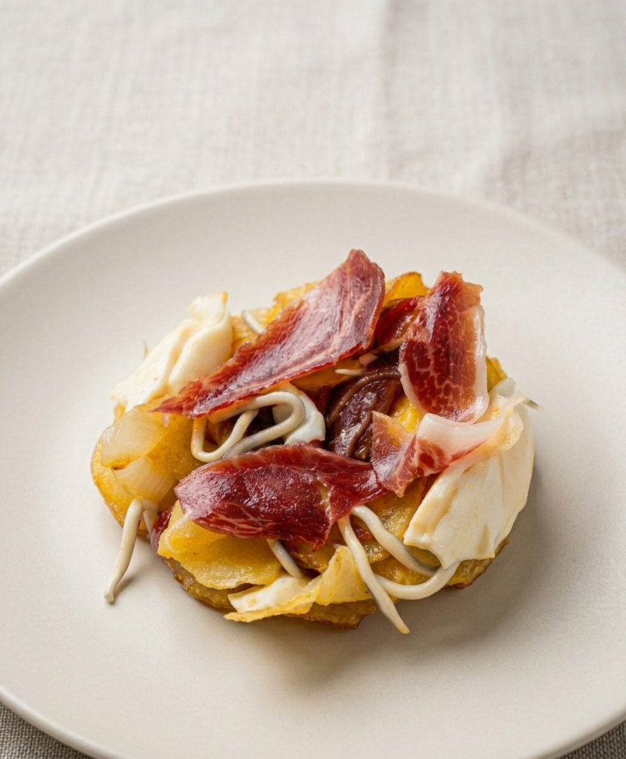 Huevos Rotos, con Jamón Ibérico y Anguriñas