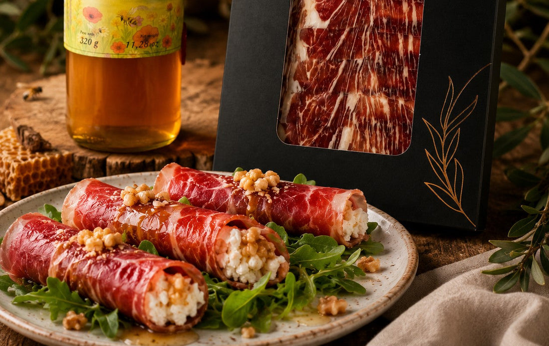 ROLLITOS DE JAMÓN IBÉRICO RELLENOS DE QUESO Y MIEL