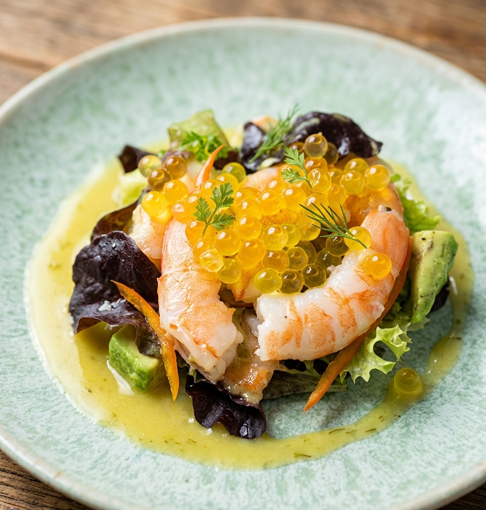 Ensalada de Langostinos con Perlas de Aceite Ahumado