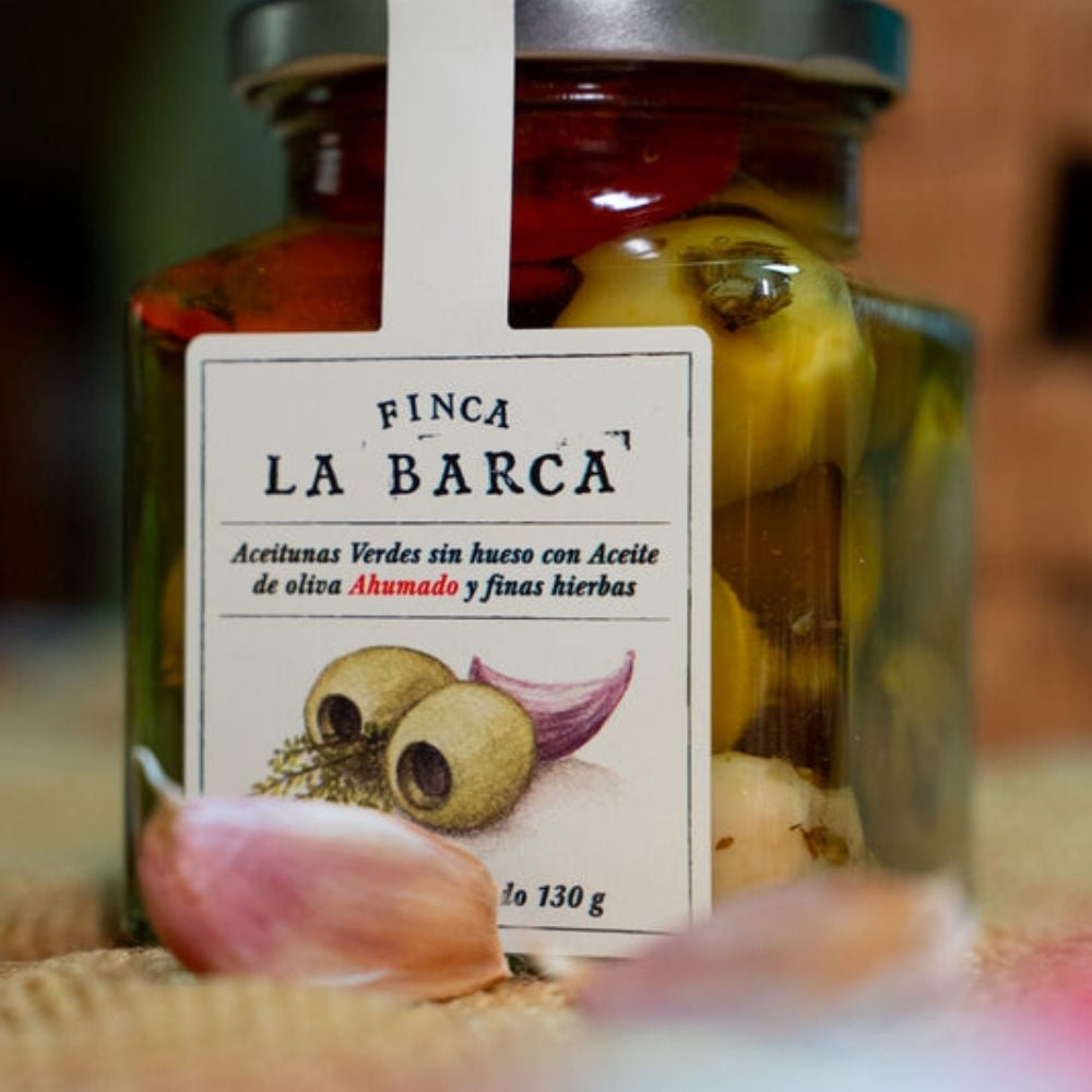 Aceitunas Gordal deshuesada con Aceite de Oliva Ahumado y Finas Hierbas